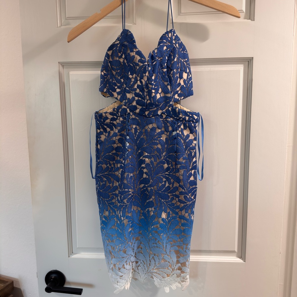 Angel Biba Blue and White Mini Dress with Elastic Spaghetti Straps